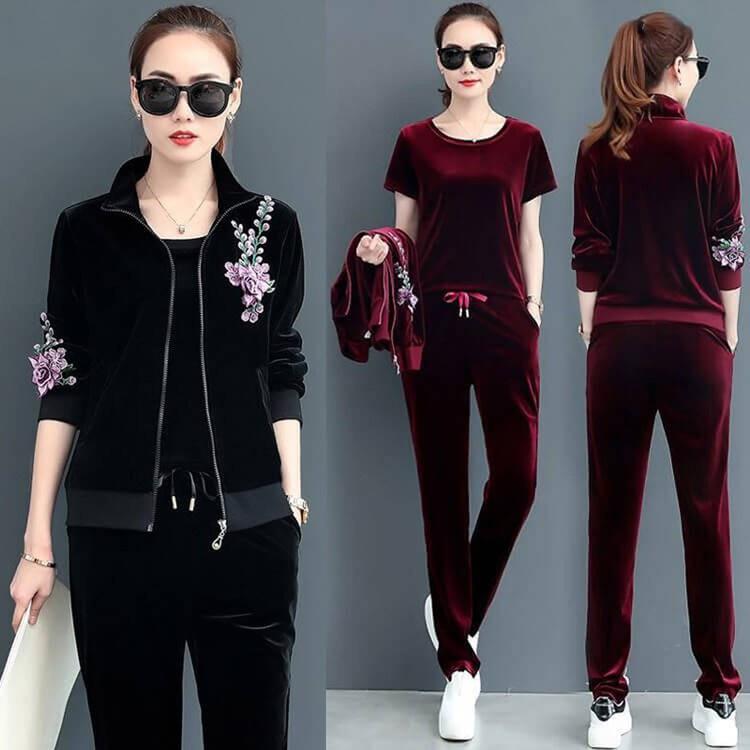 Set Đồ Bộ Thu Đông Thêu Hoa - Chất liệu : Nhung cao cấp - Màu sắc : Đen, Đỏ đô - Kích cỡ : M, L, XL, XXL