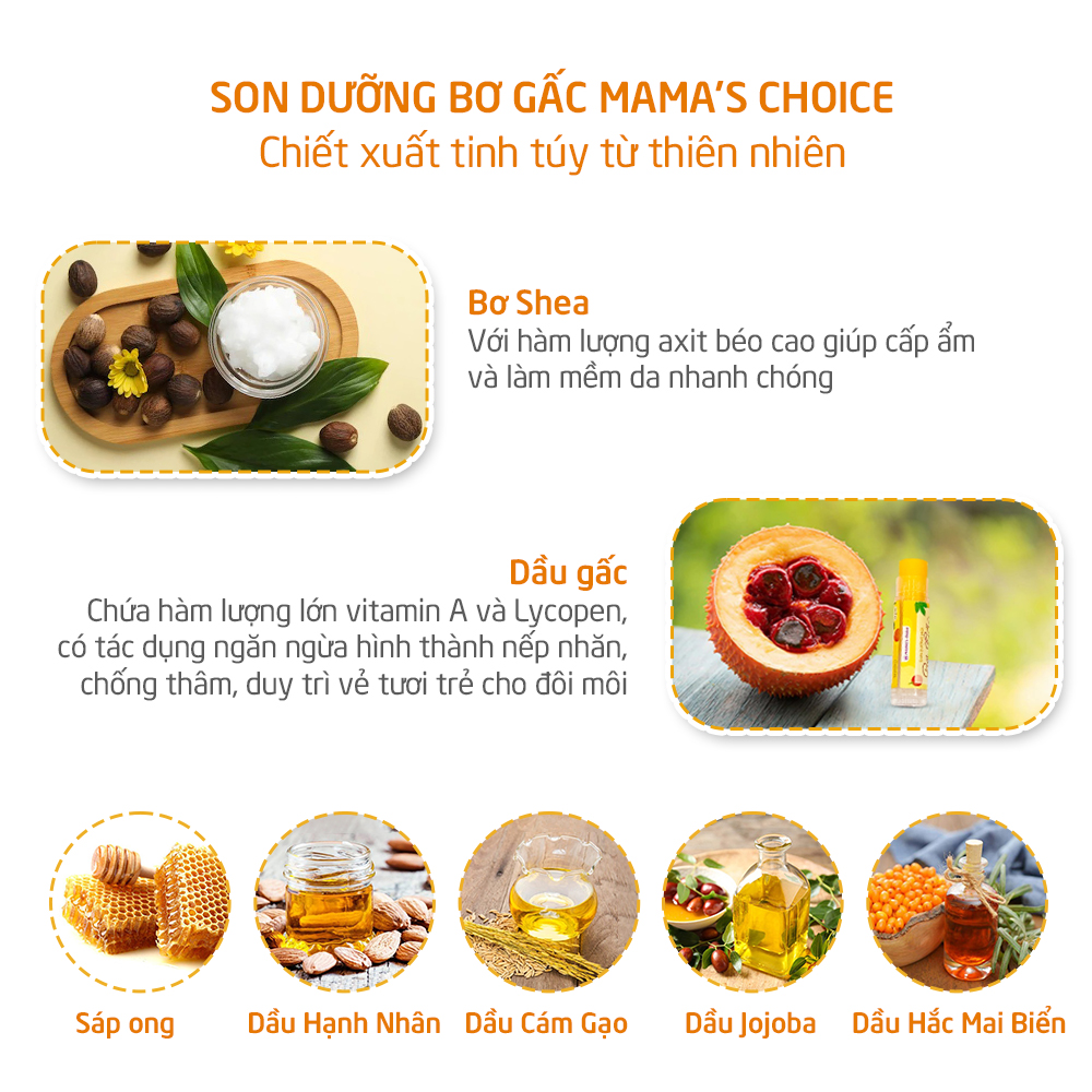 Son Dưỡng Môi Bơ Gấc Dưỡng Ẩm Chống Khô Nẻ Mama's Choice, An Toàn Cho Mẹ Bầu và Trẻ Sơ Sinh (10 gram)