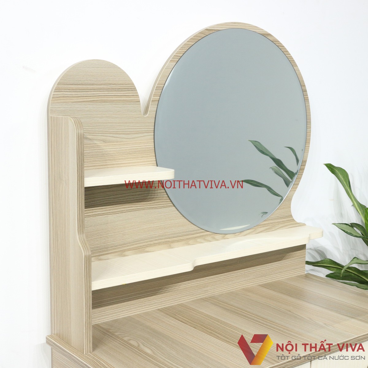 Bàn Trang Điểm Gỗ MDF Melamine Màu Kem Sọc Chân Sắt 2 Ngăn Kéo Gương Tròn