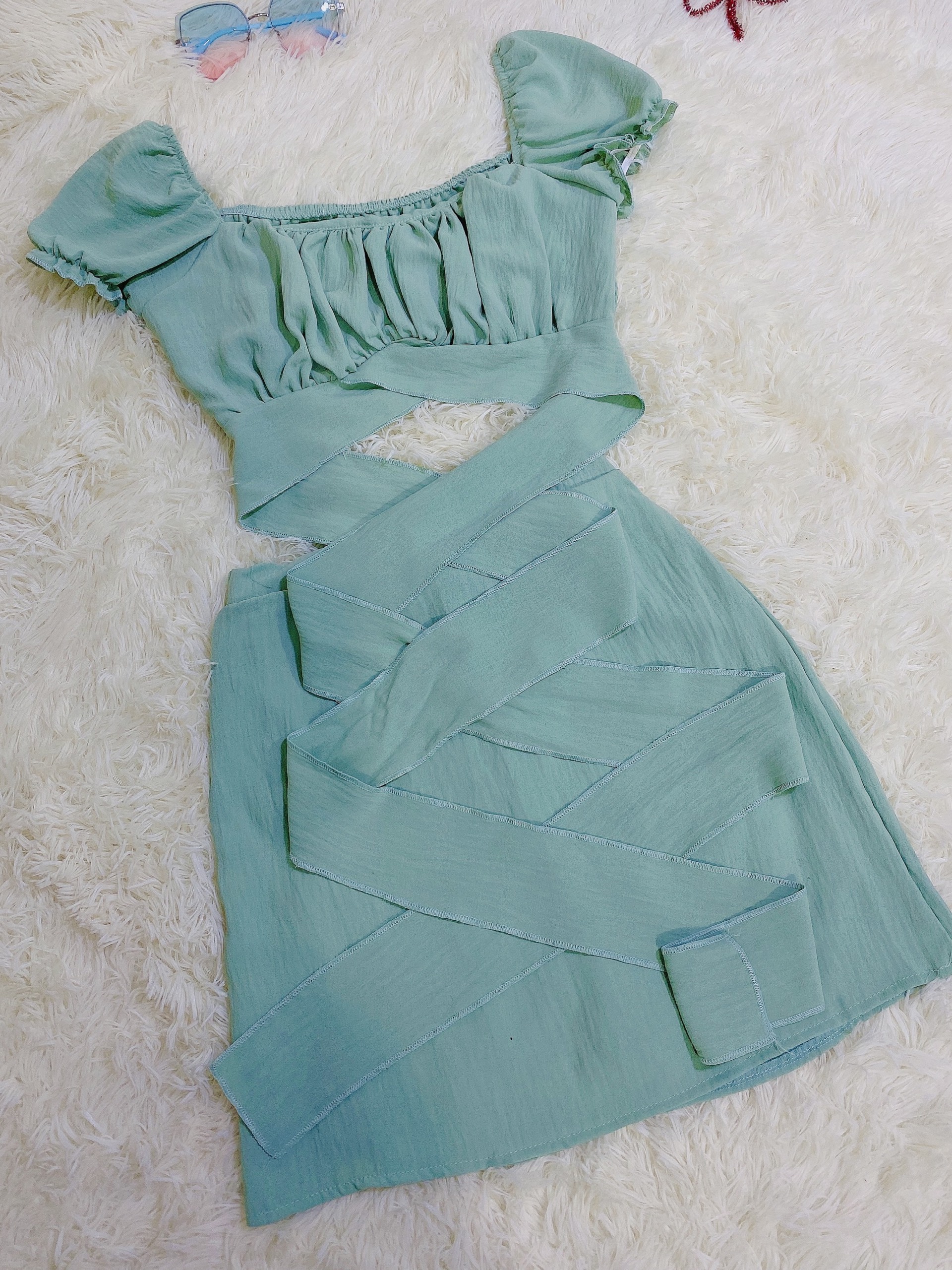 Set Đầm Nữ/ Set Áo Croptop Tay Bồng Dây Quấn Eo + Chân Váy Chữ A