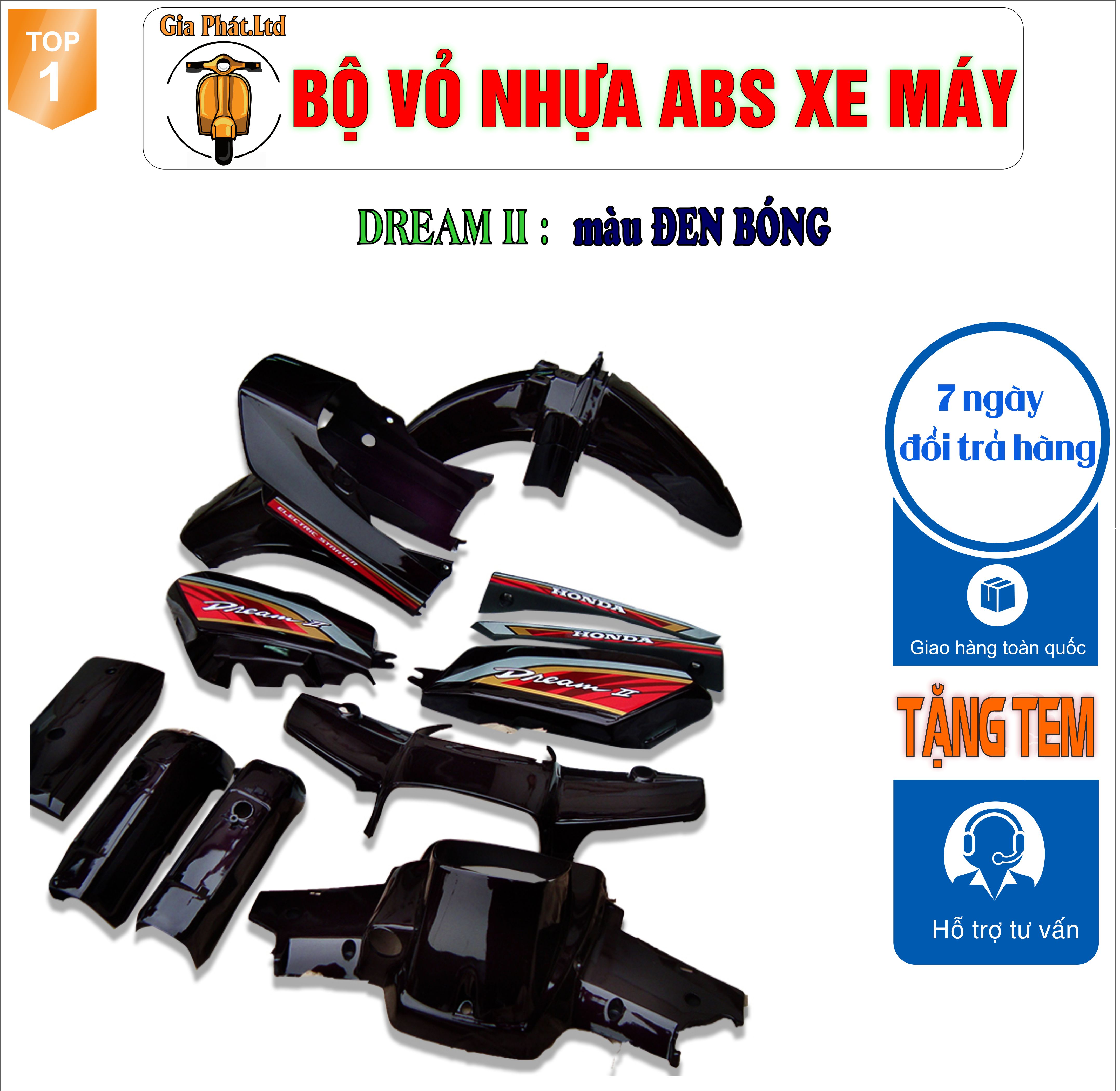 [Tặng Tem] Bộ nhựa dàn áo xe Dream II - Dream Việt - Thái - Tàu - màu ĐEN BÓNG