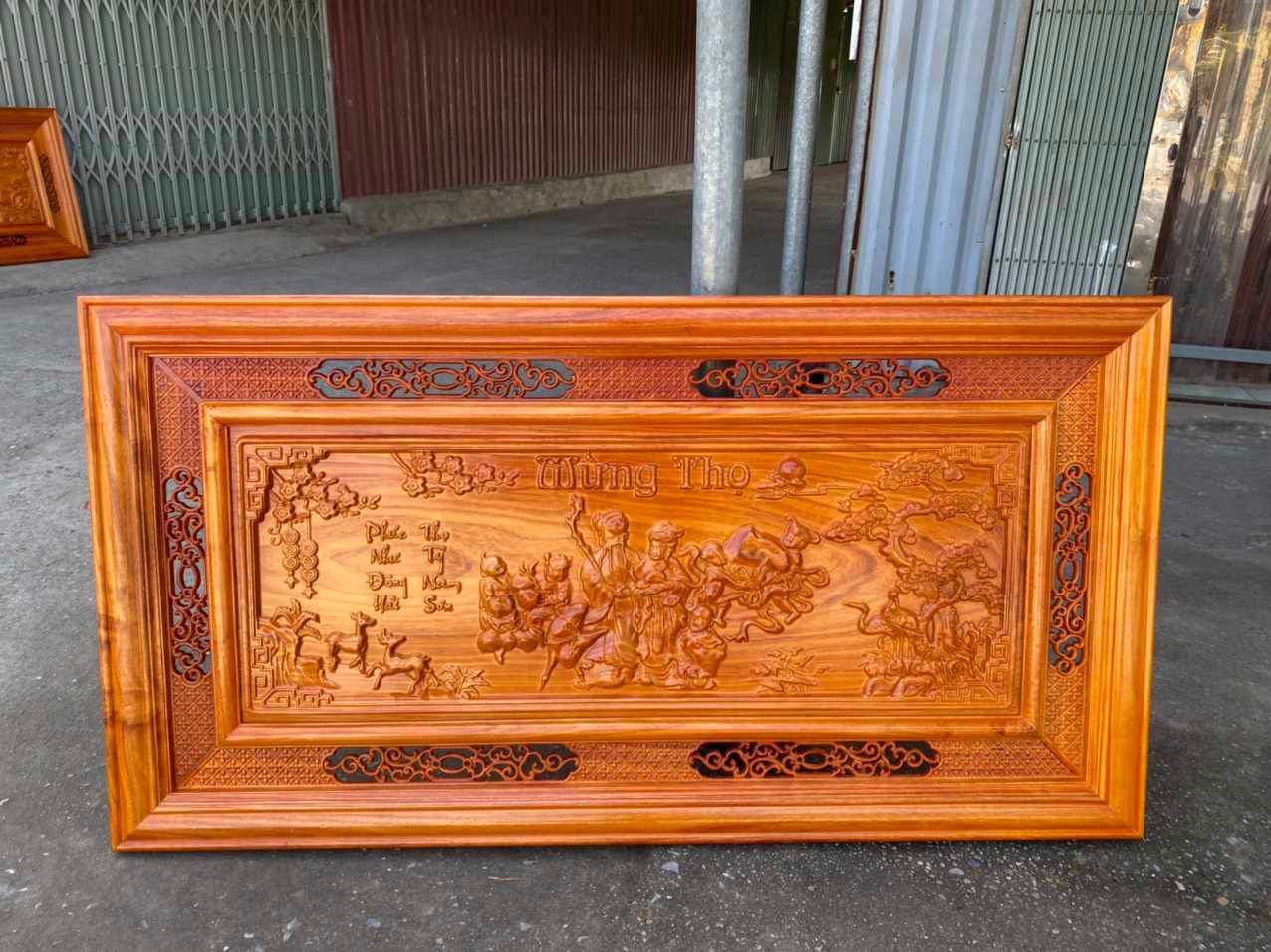 Tranh treo tường mừng thọ bằng gỗ hương đỏ kt 67×127×4cm