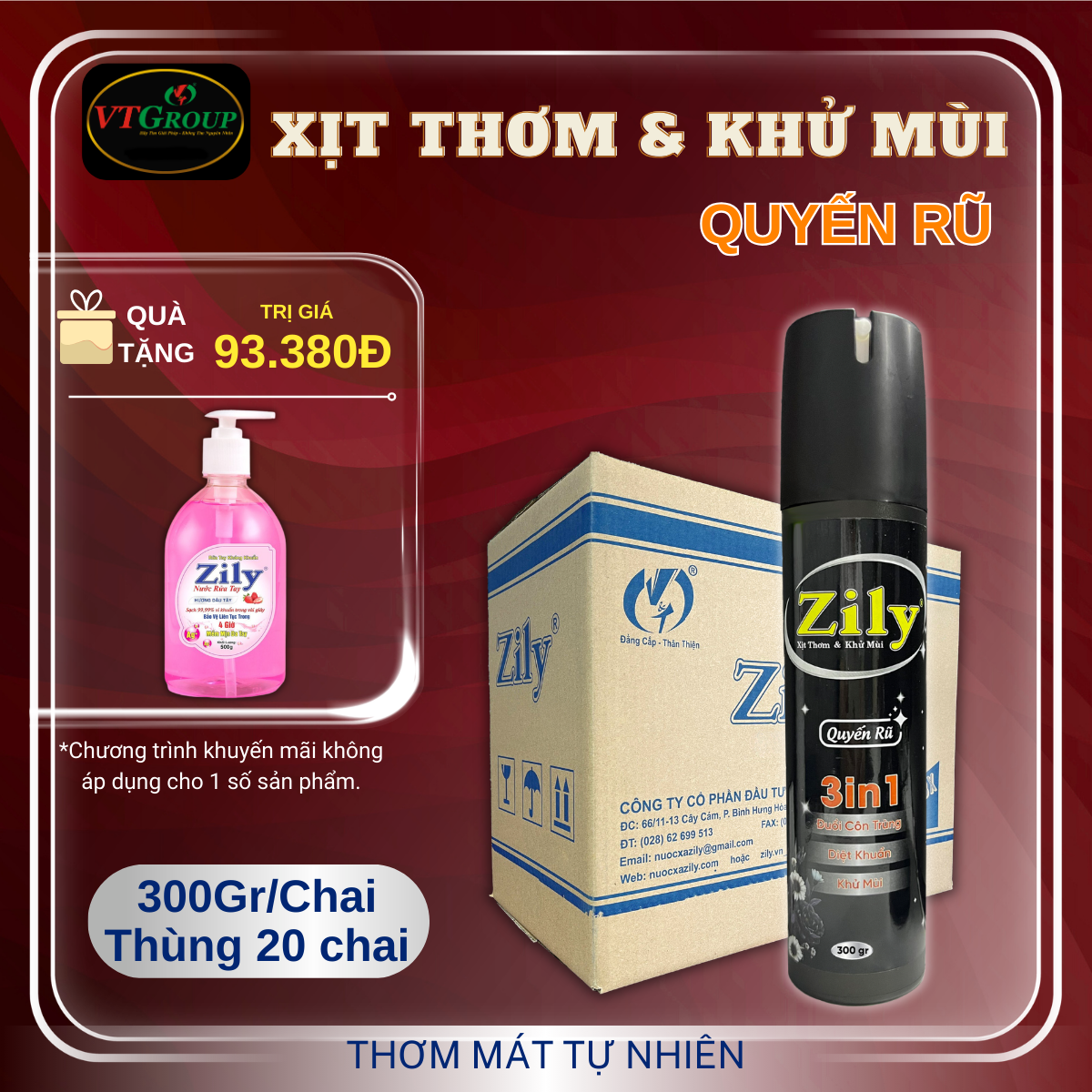 Xịt Thơm &amp; Khử Mùi Zily 300g (20 Chai/Thùng) - Tặng 1 Chai Nước Rửa Tay Zily 500Gr
