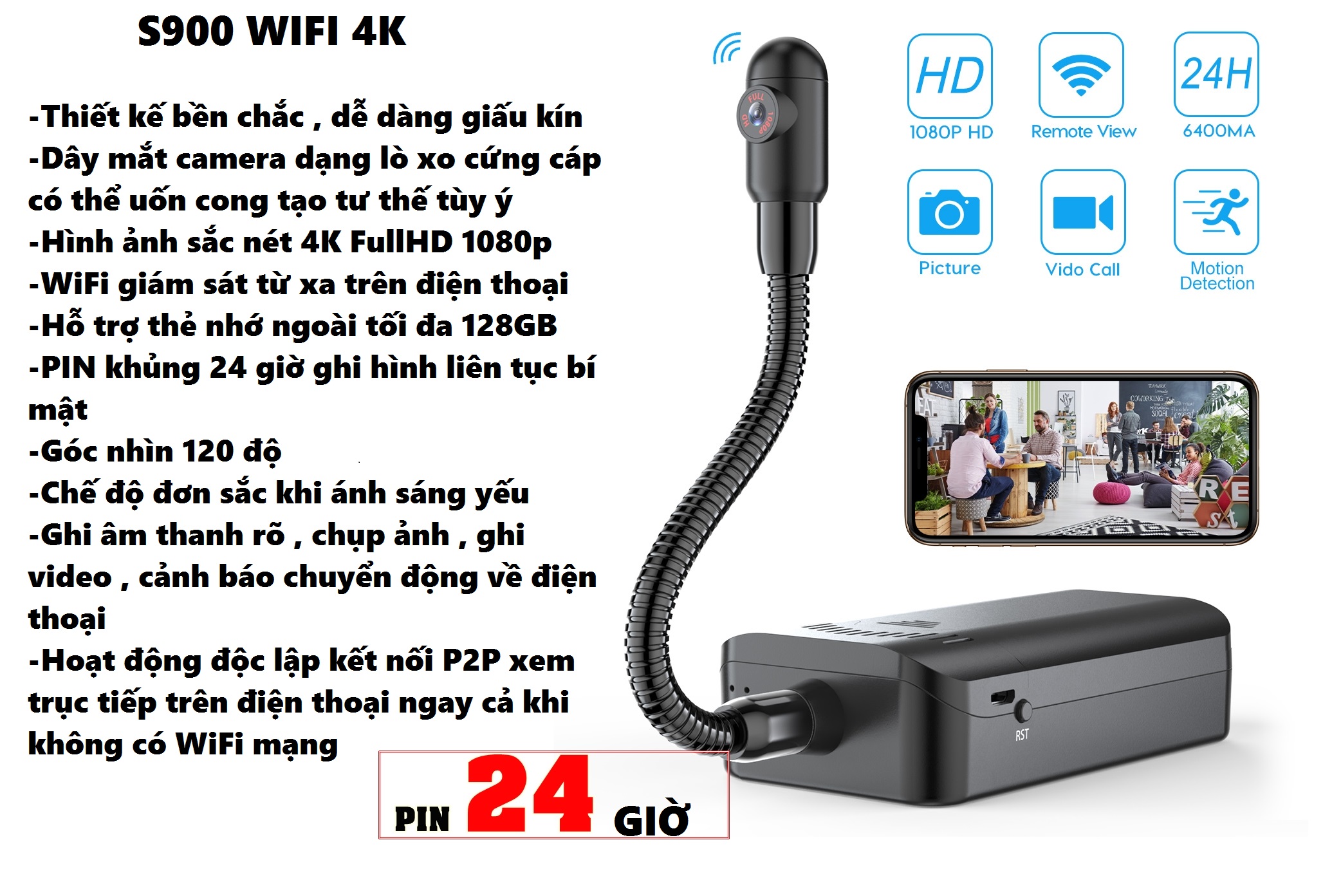 Camera WiFi S900 không dây PIN khủng 24 giờ ,nhỏ gọn, Siêu nét chuẩn video 4K FullHd 1080p Kết nối trục tiếp điện thoại xem từ xa