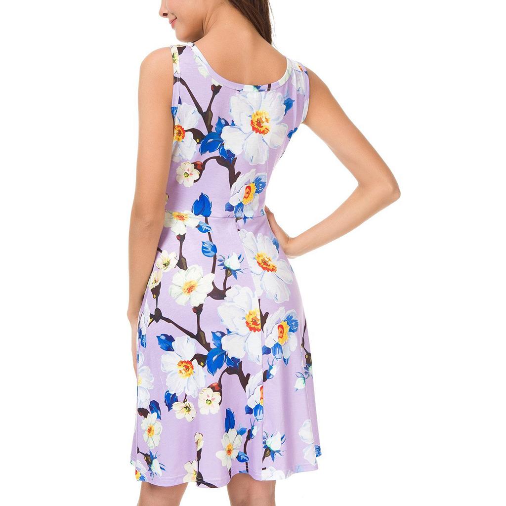 Women Floral Dress Summer Sleeveless Round Neck Casual Flared Midi Dress