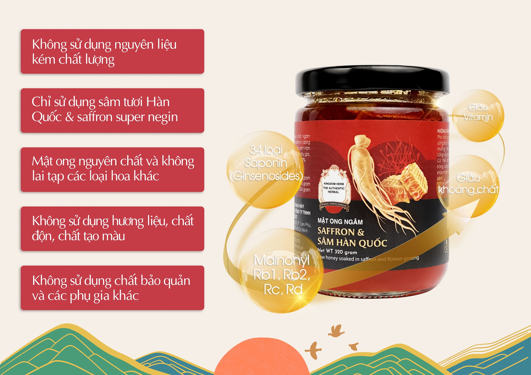 Sâm mật ong saffron Kingdom Herb chính hãng thượng hạng hộp 320g (tặng que lấy mật và bình thuỷ tinh)