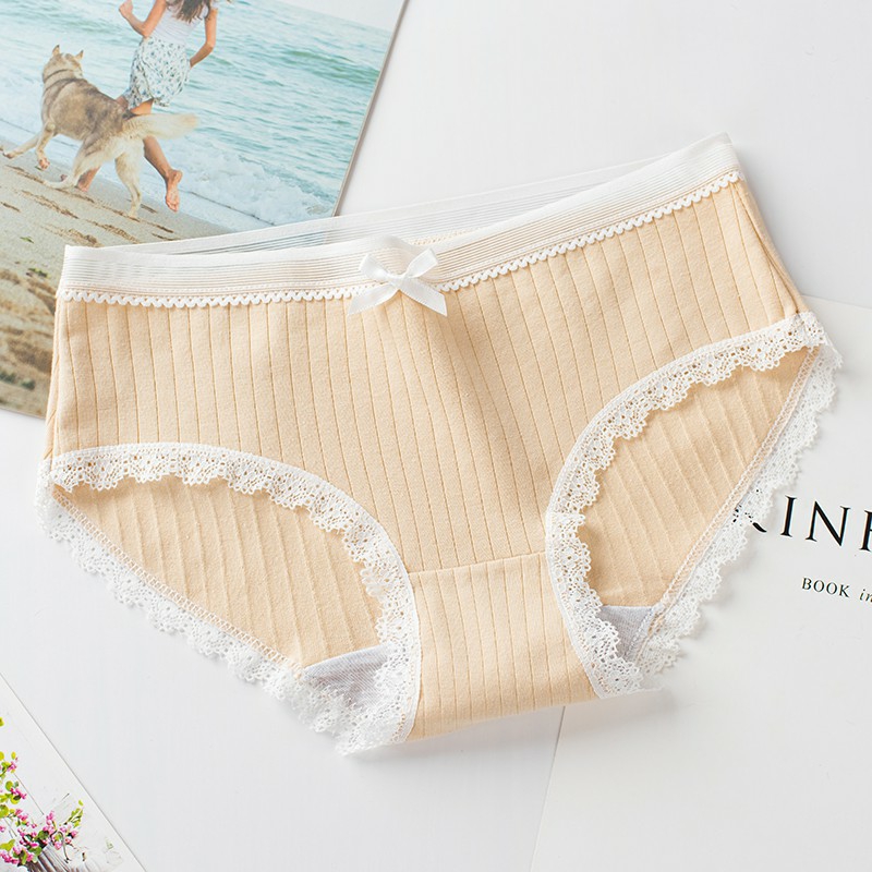 Quần cotton tăm màu trơn viền ren ôm mông cạp lưới đính nơ