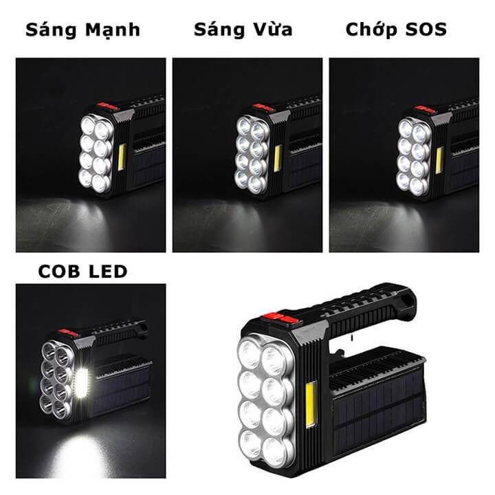 Đèn pin cầm tay siêu sáng chiếu xa 300m 8 bóng led, đèn pin sạc năng lượng mặt trời có COB Led 4 chế độ