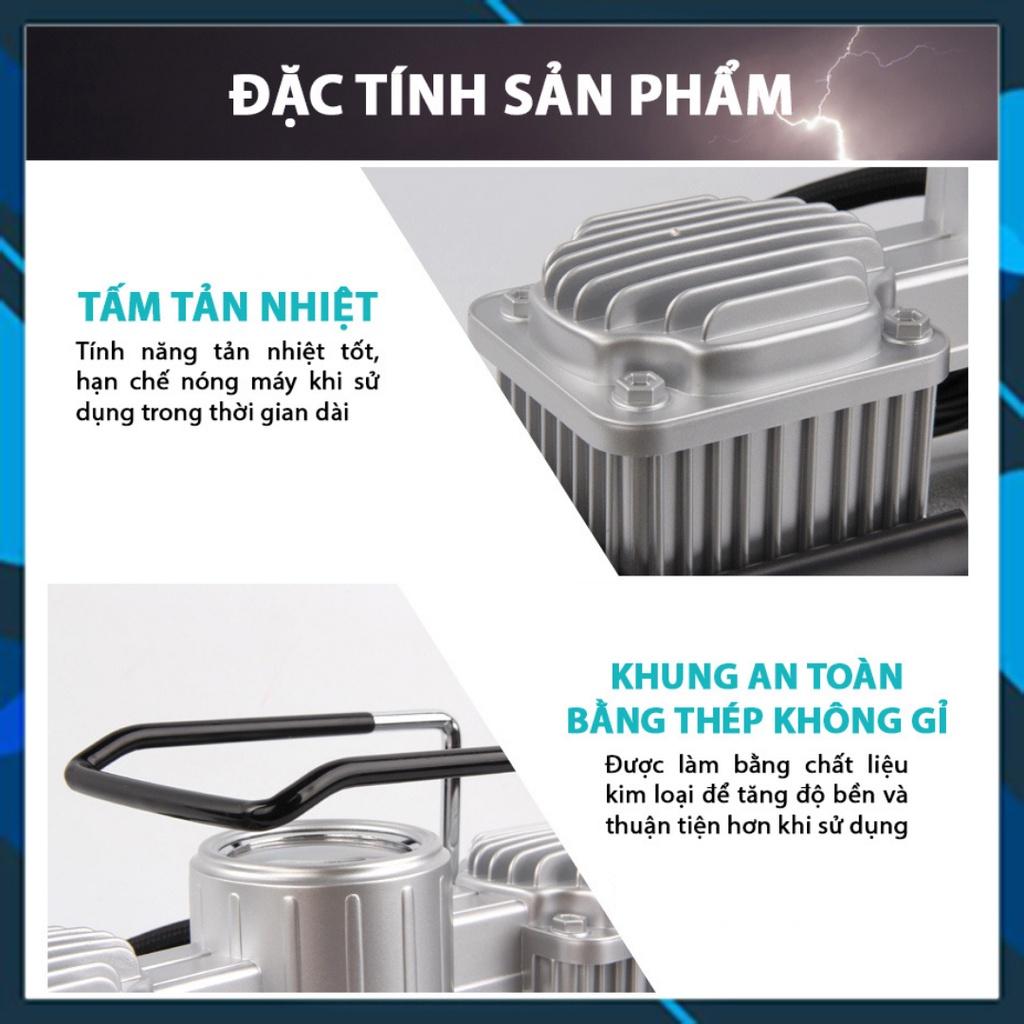 Máy Bơm Lốp Ô Tô 2 Xi Lanh Cực Mạnh Mặt Đồng Hồ Cơ Kèm Bộ Phụ Kiện Chuyên Dụng