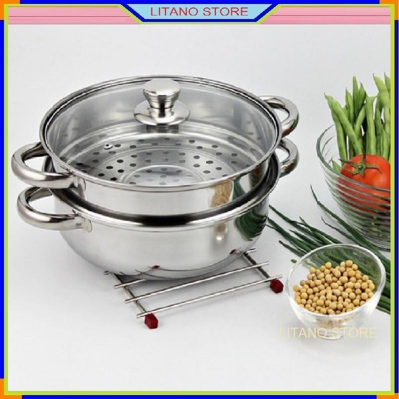 Nồi Hấp 2 Tầng Chất Liệu Inox Đường Kính 28cm Có Năp Đậy Bằng Kính Chịu Nhiệt An Toàn, Sạch Sẽ