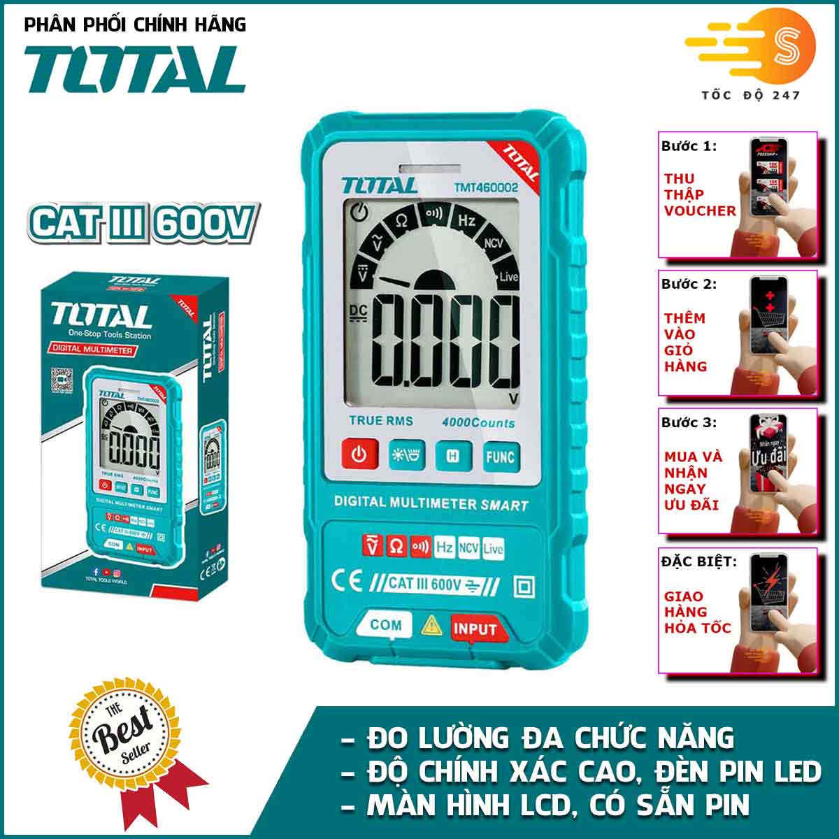 Đồng hồ đo điện vạn năng TOTAL TMT460002 - độ chính xác cao, màn hình LCD 4000 số đếm, có đèn nền ban đêm, có kèm pin