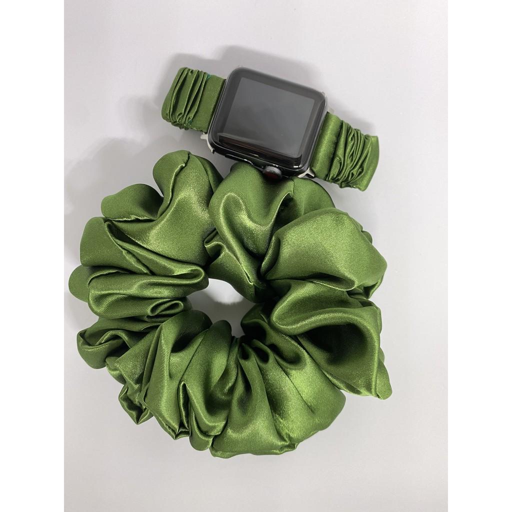 Combo dây đồng hồ apple watch và scrunchies dây cột tóc, buộc tóc vải satin lụa nhiều màu
