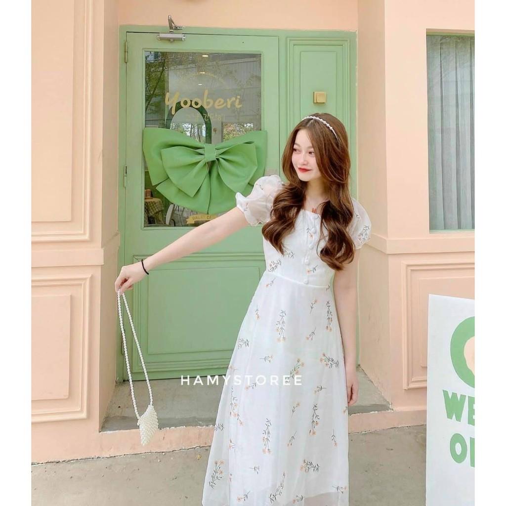 ĐẦM MIDI HOA CỔ VƯƠNG TAY PHỒNG