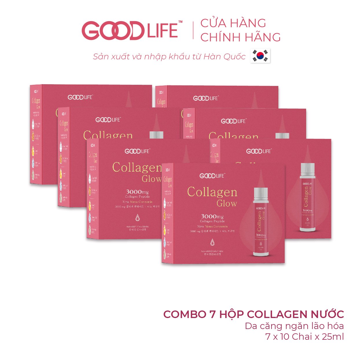 Combo 7 hộp nước uống GOODLIFE COLLAGEN GLOW 300mg - kết hợp độc đáo Nano Curcumin (tinh bột nghệ) và Vitamin C (hộp 10 ống) 