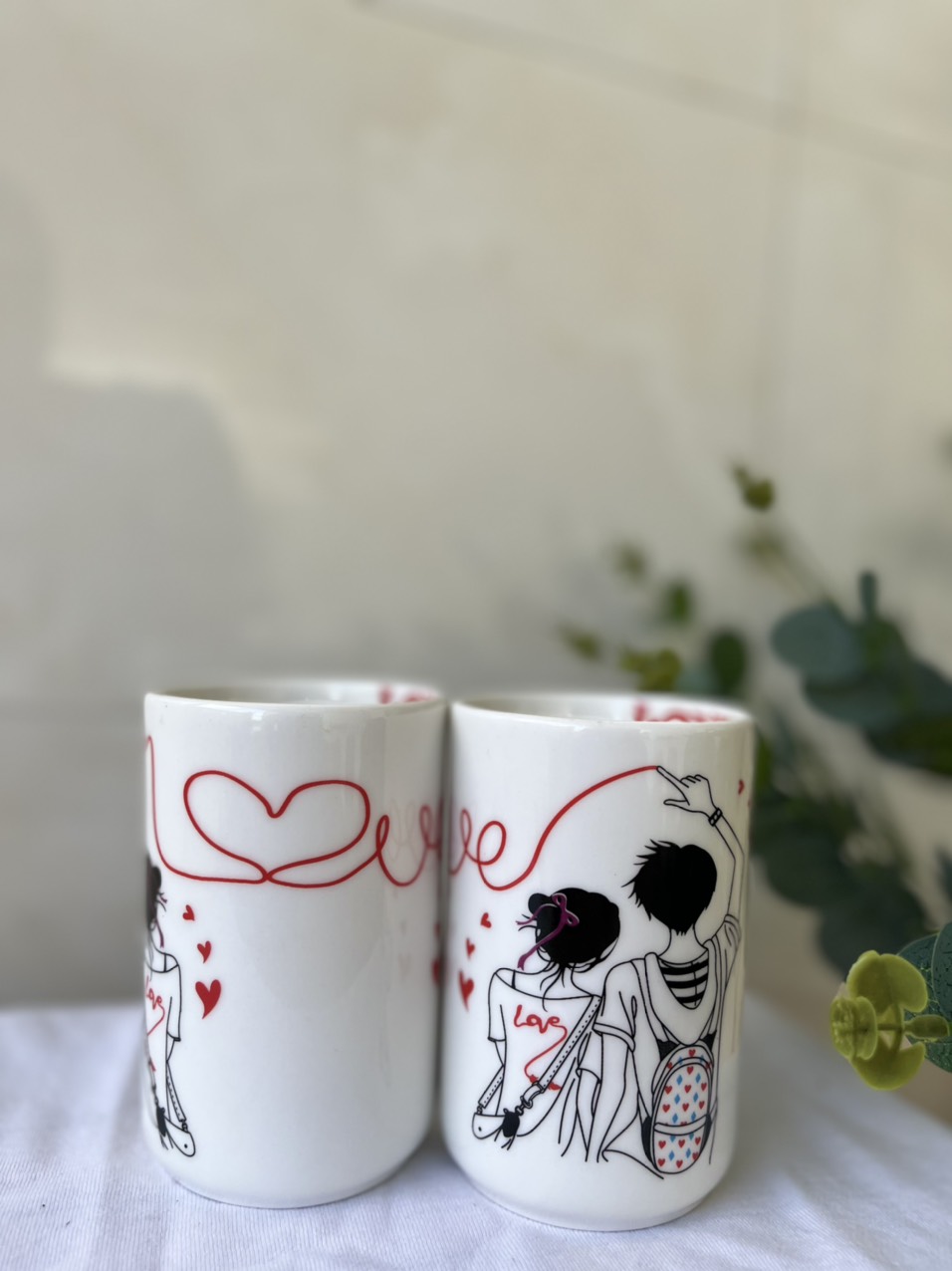 Combo 2 Ly Sứ Tình Nhân - Ghép Mặt Nào - Cũng Thành Đôi - Màu Trắng - Họa Tiết Teen - dễ Thương