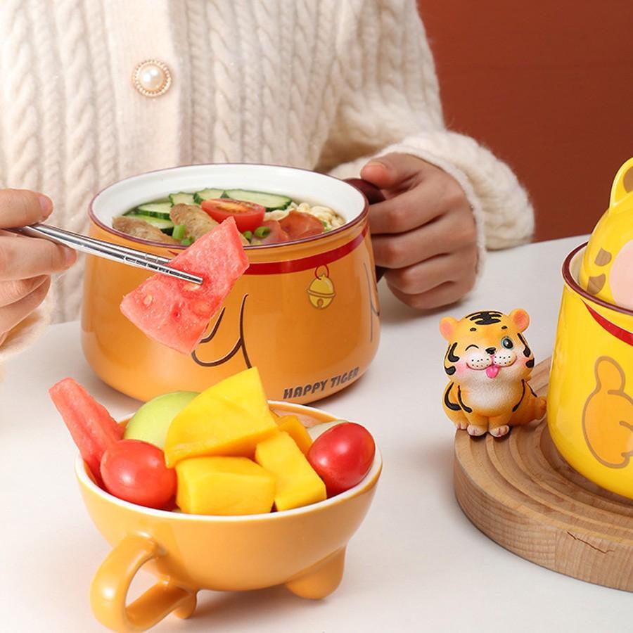 Tô Sứ Dễ Thương Ăn Mỳ Hình Con Hổ - Bát Tô Sứ Cỡ Lớn 1020ml Có Nắp Và Tay Cầm