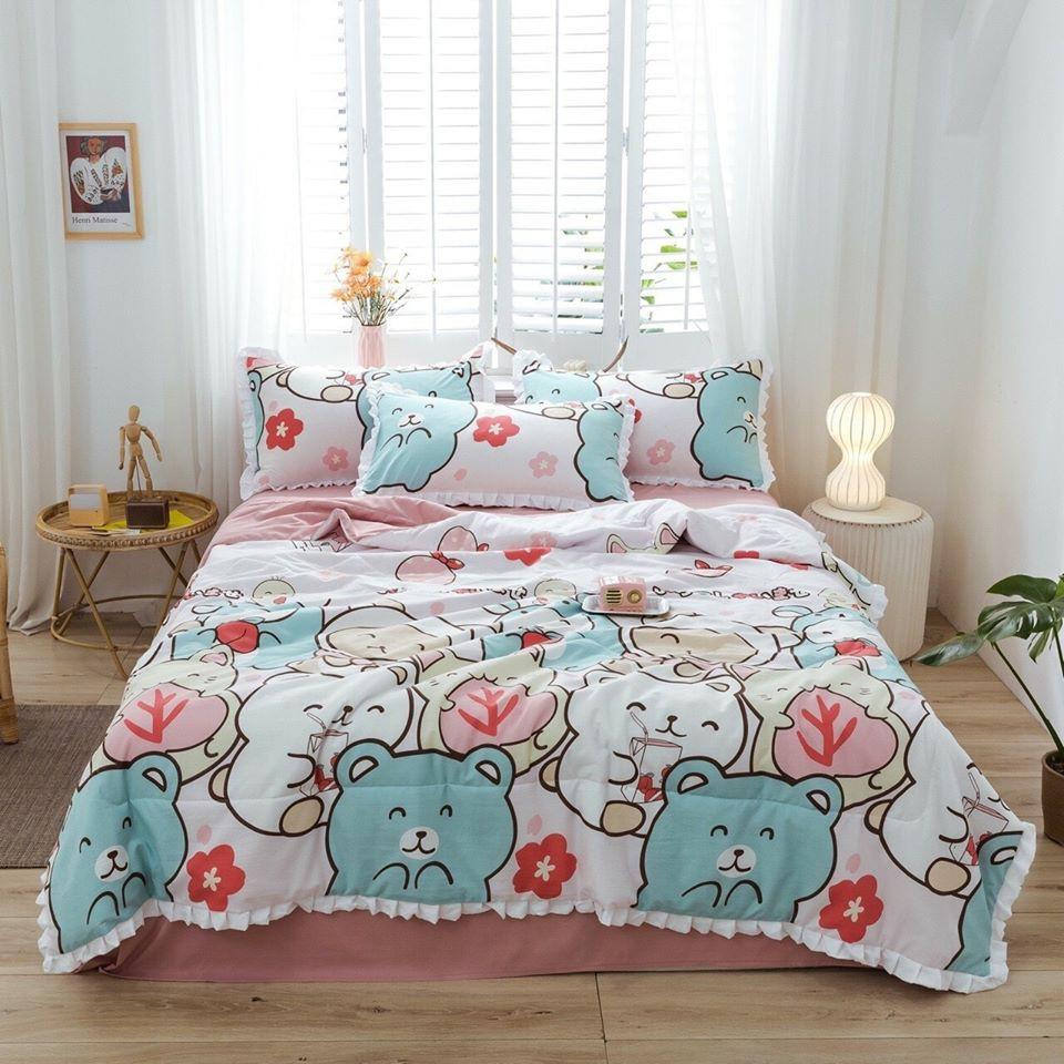 Bộ Chăn Ga Cotton Đũi Rem Bèo 4 Món Chăn Trần Bông - CTDA06