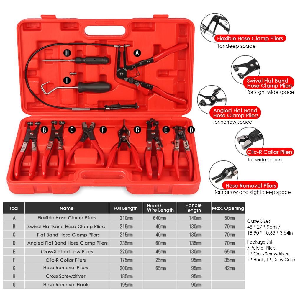 9 PCS Flexible Wire Long Reach Hose Clamp Pliers Kit Automobile Hose Remover Pliers Fuel Oil Water Separation Swivel Angled Flat Band Clic-R Collar Pliers Auto Repairing