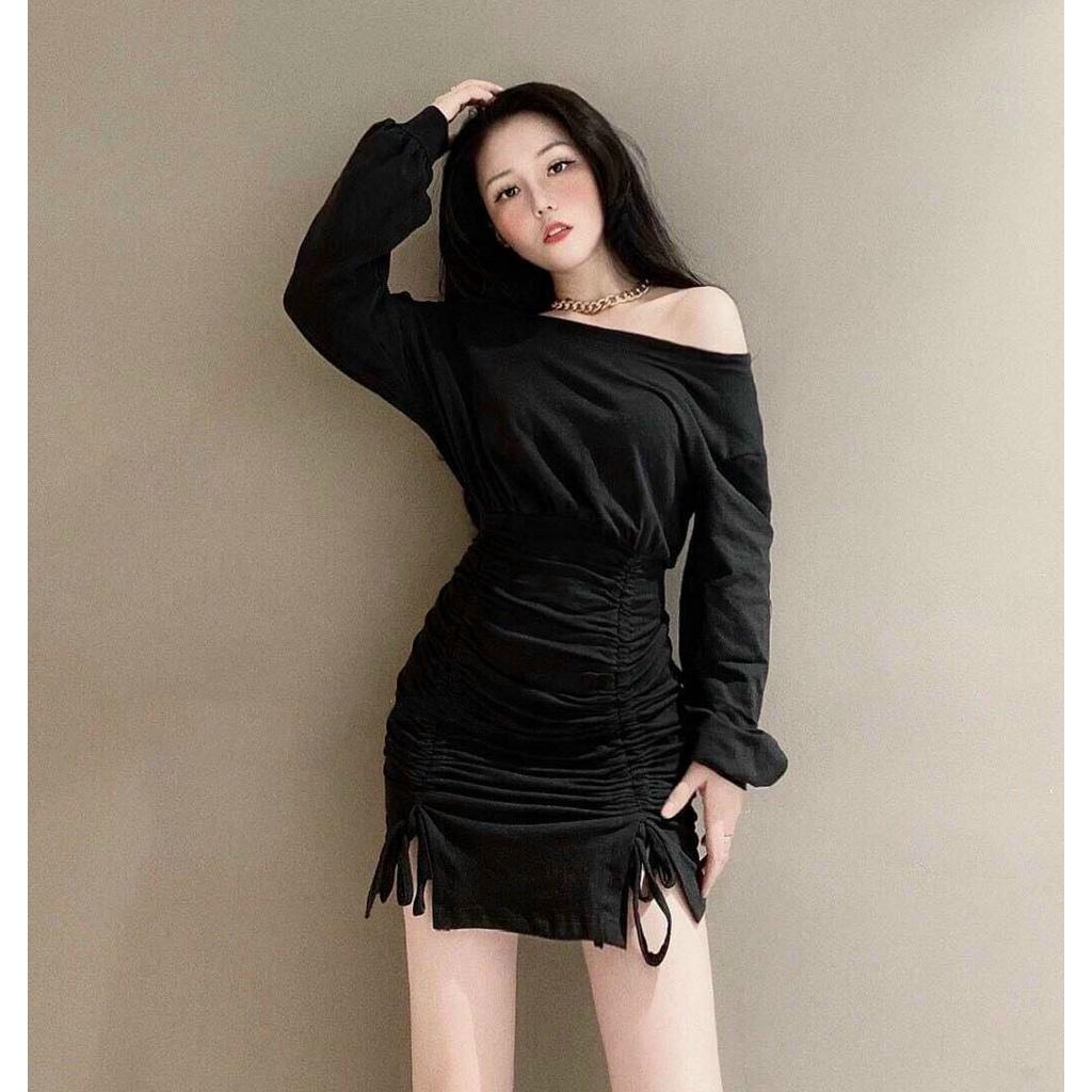 Gunkaymatter Đầm Trễ Vai Rút Dây 2 Bên Hông Đầm Ôm Body Chất Liệu Thun Bozip Mẫu Siêu Dễ Thương