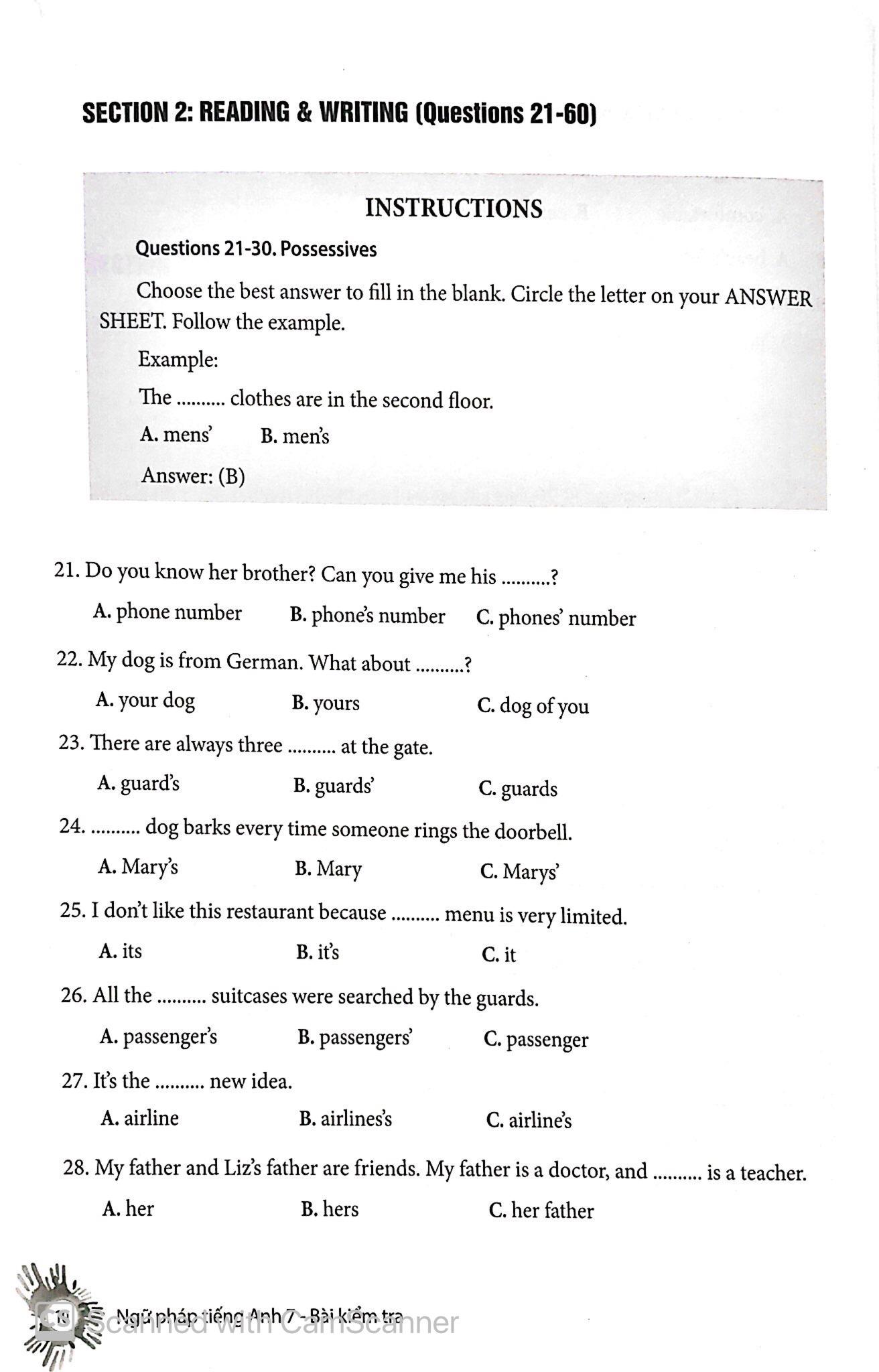 English Grammar - Ngữ Pháp Tiếng Anh 7 (Bài Kiểm Tra)