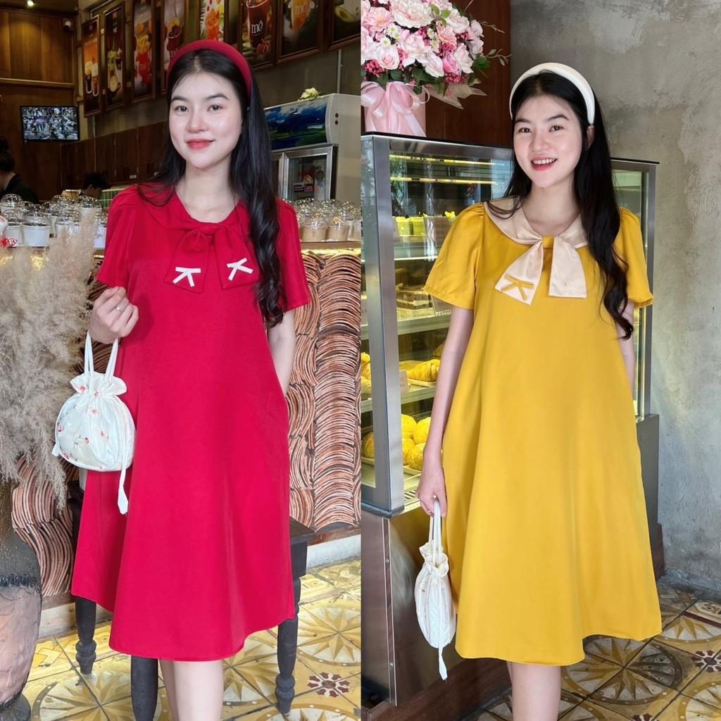 Đầm bầu cotton lạnh phối cổ thắt nơ phom suông gọn dáng, thanh lịch, dễ thương - Xanh đen