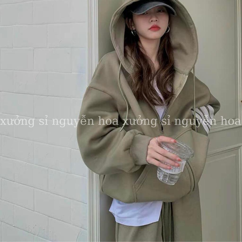 set bộ nỉ thu đông nữ áo khoác có mũ sọc tay kèm quần suông form dáng rộng unisex nam nữ mặc được