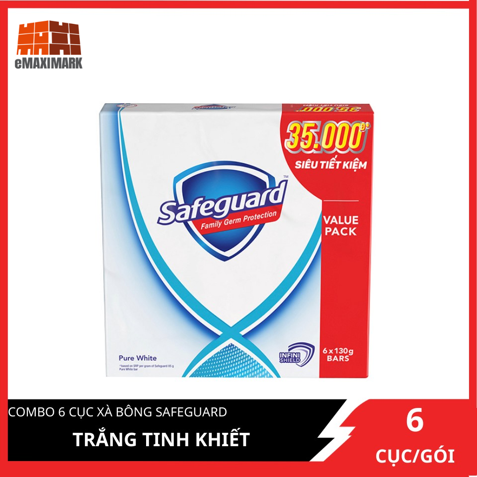 Xà bông cục Safeguard Trắng tinh khiết Gói siêu đại 130gX6