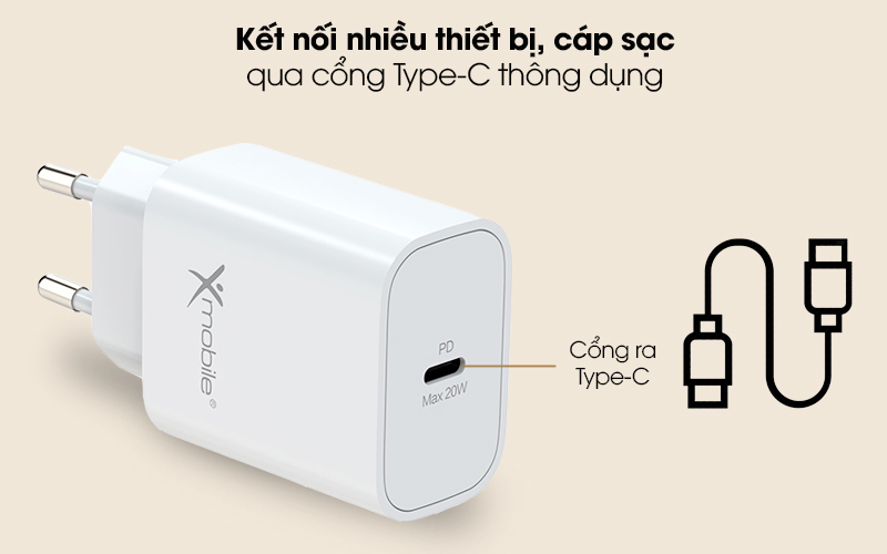 Adapter Sạc Type C PD 20W Xmobile A829 Trắng - Hàng chính hãng