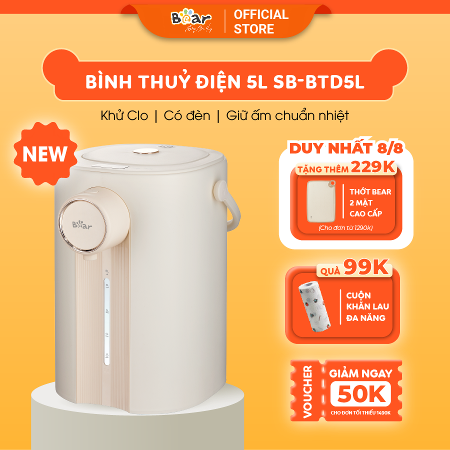 Bình Thủy Điện Đun Nước Nóng Bear 5L Đun Sôi Siêu Nhanh Khử Clo 11 Mức Nhiệt Có Đèn Dịu Nhẹ Ban Đêm SB-BTD5L HÀNG CHÍNH HÃNG