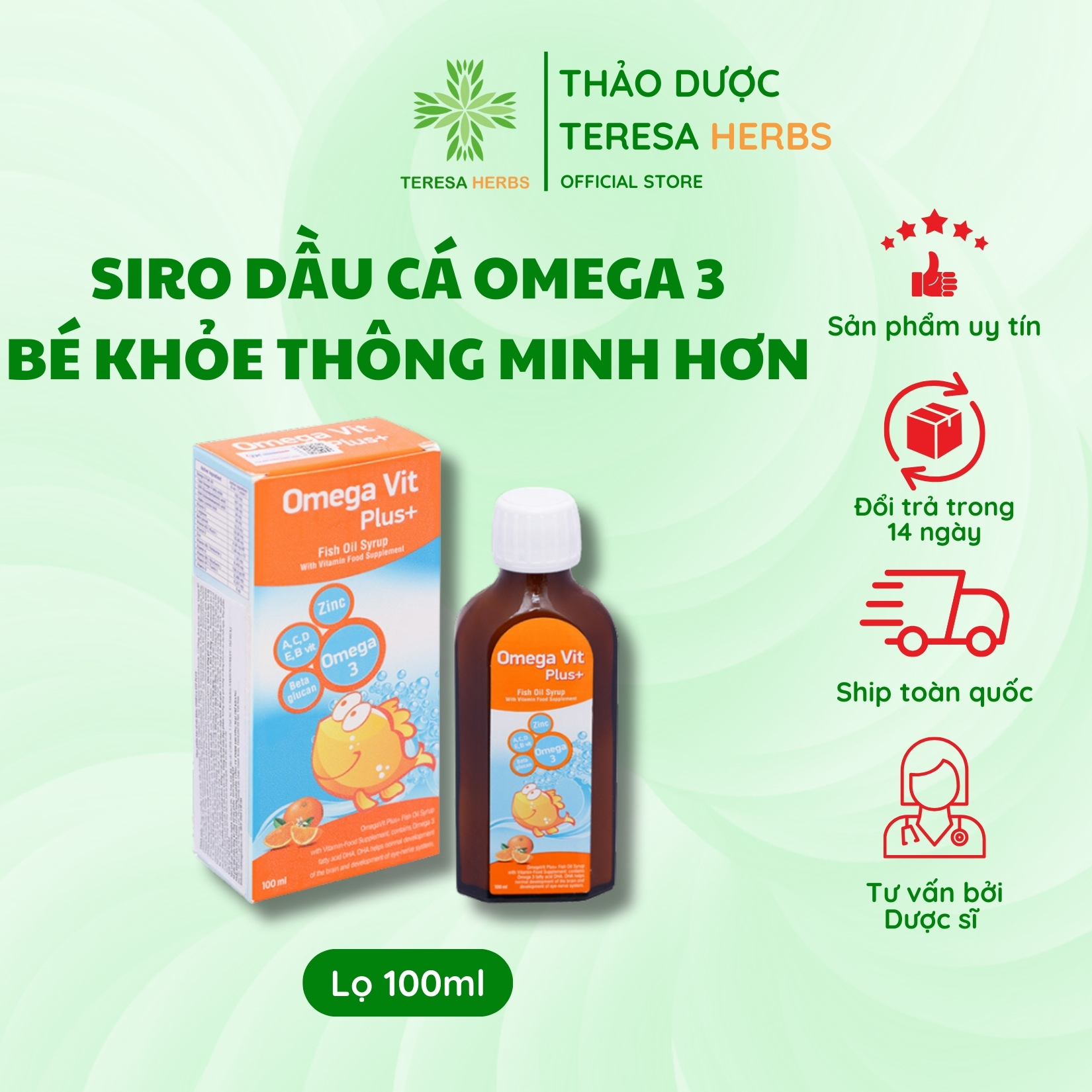 Dầu cá Siro Omega Vit Plus+ tăng cường đề kháng, tốt cho não bộ và mắt chai 100ml