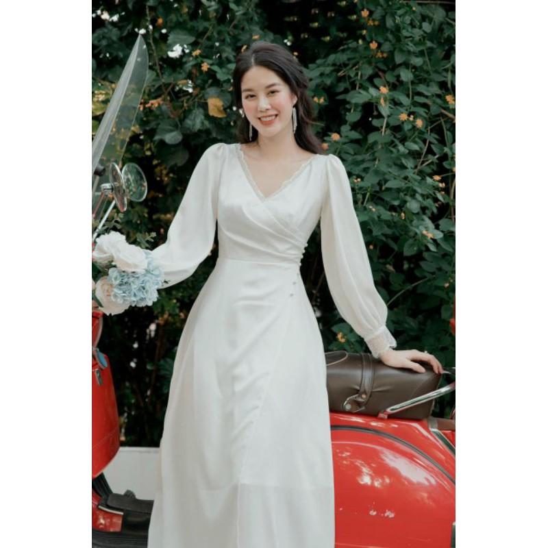 Đầm váy nữ maxi trắng dài tay viền ren TKN