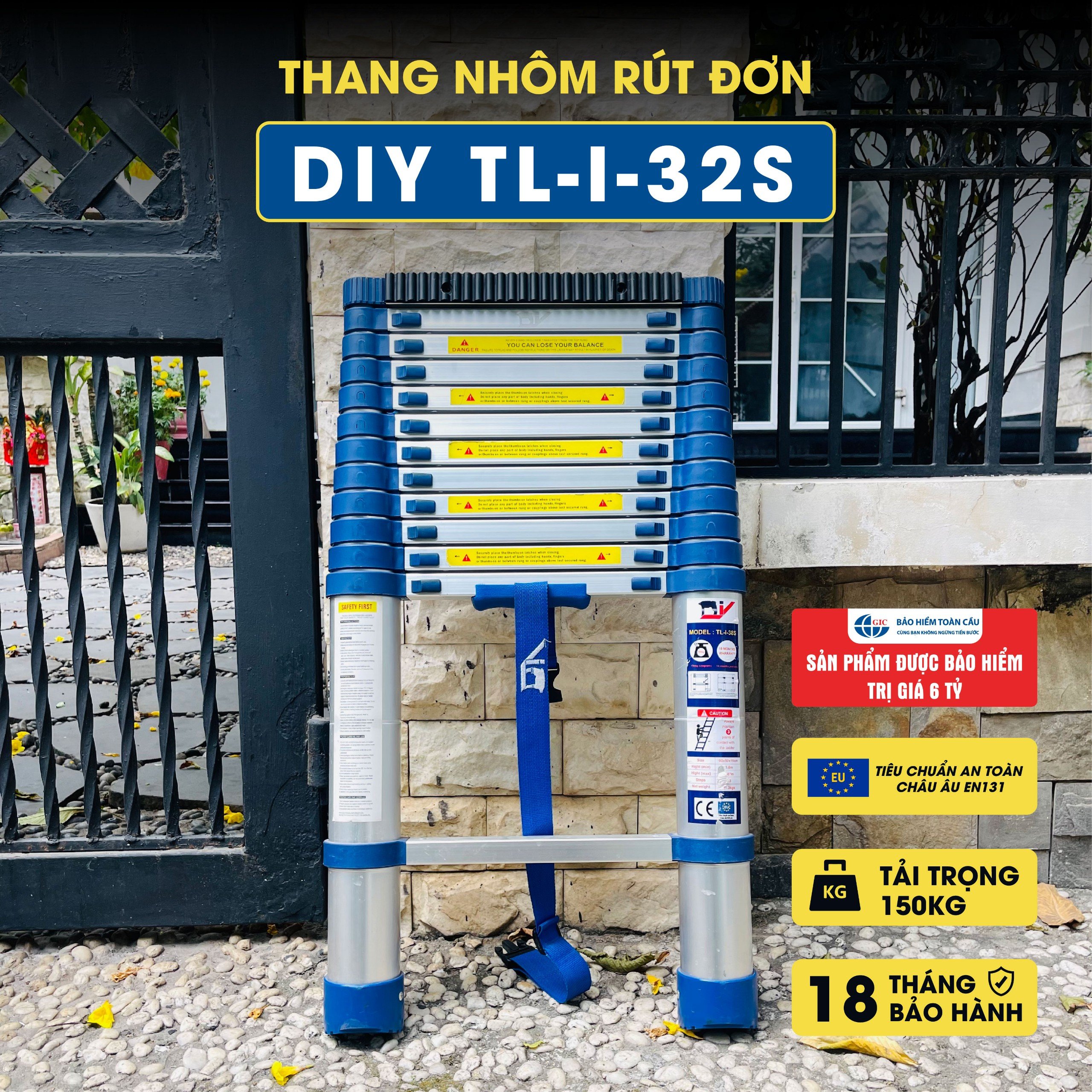 Thang nhôm rút đơn cao cấp DIY TL-I-32S chiều cao sử dụng tối đa 3.2M