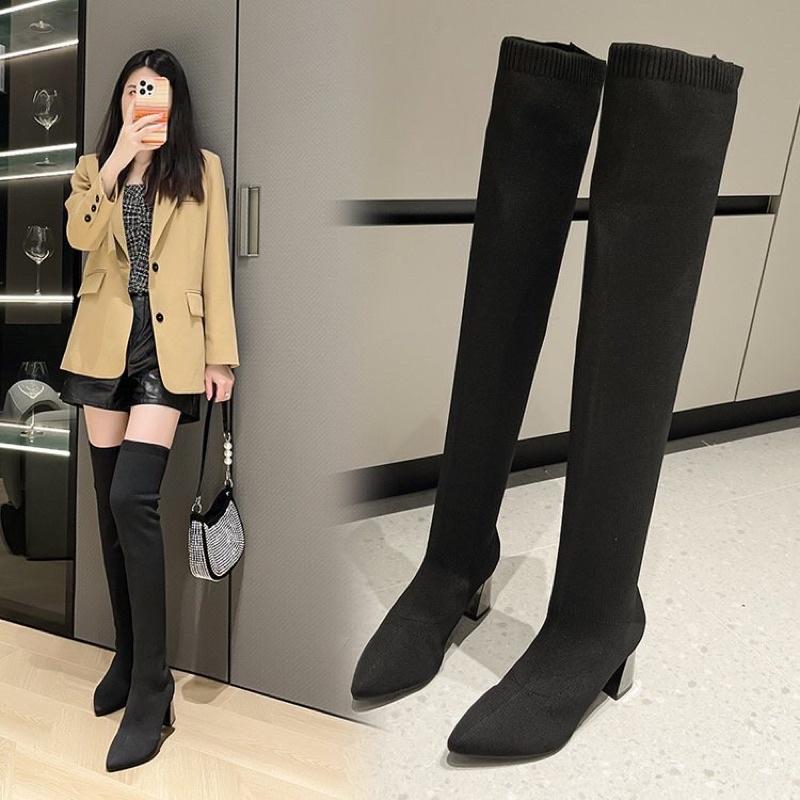 Boots Đùi Len Cho Nữ Ôm Chân Chống Tụt Gót Bạc Cao Sang Trọng 7,5cm Không Khoá Hàng Có Sẵn