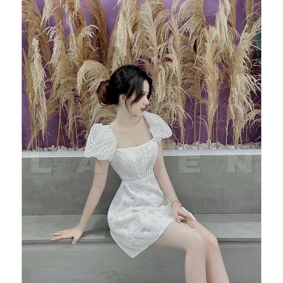 Đầm xoè cổ vuông thêu hoa tay phồng cao cấp