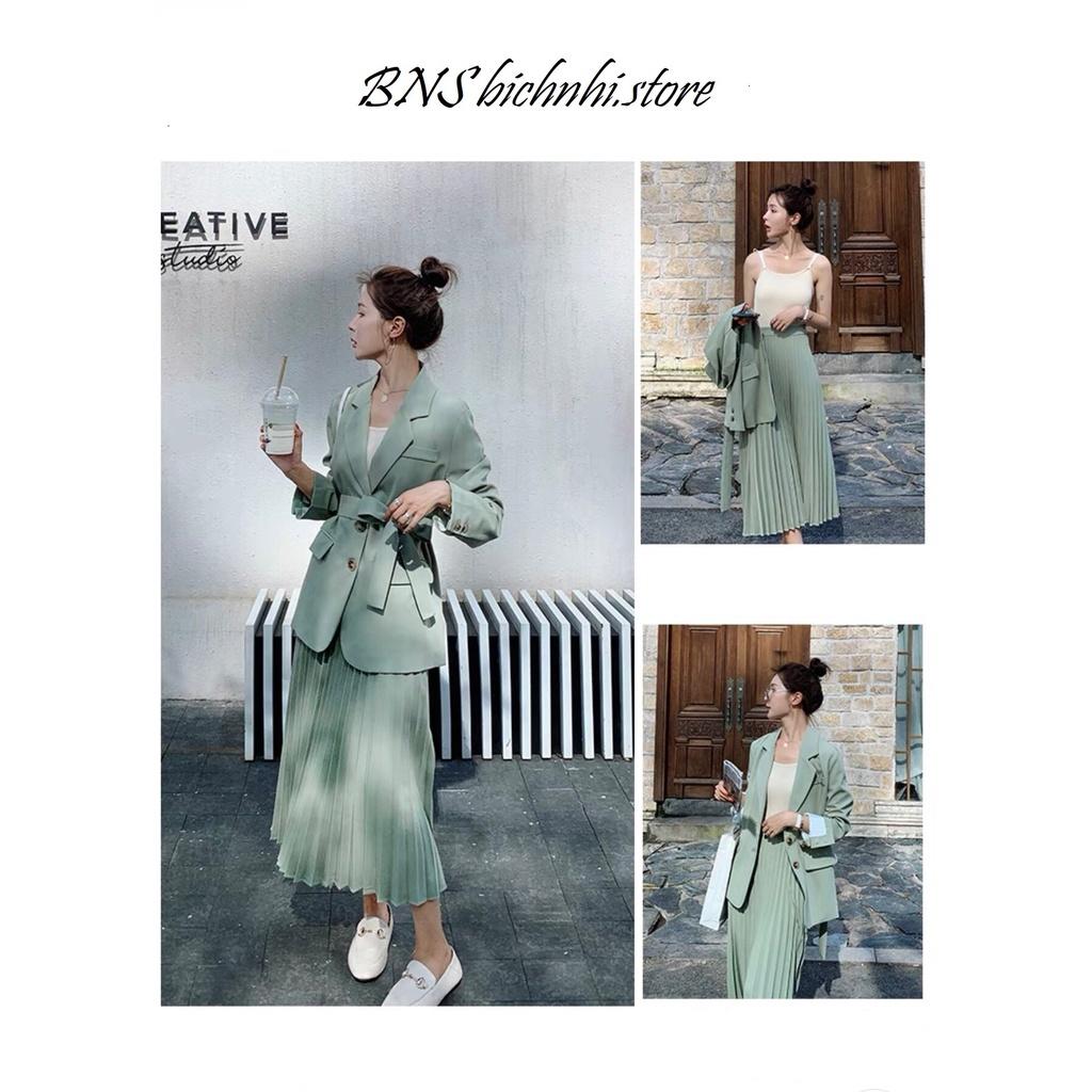 SET ÁO BLAZER & CHÂN VÁY DẬP LY - Notched Collar Belted Blazer & High Waist Pleated Skirt - BY BNS RÓPIN SET BNS001