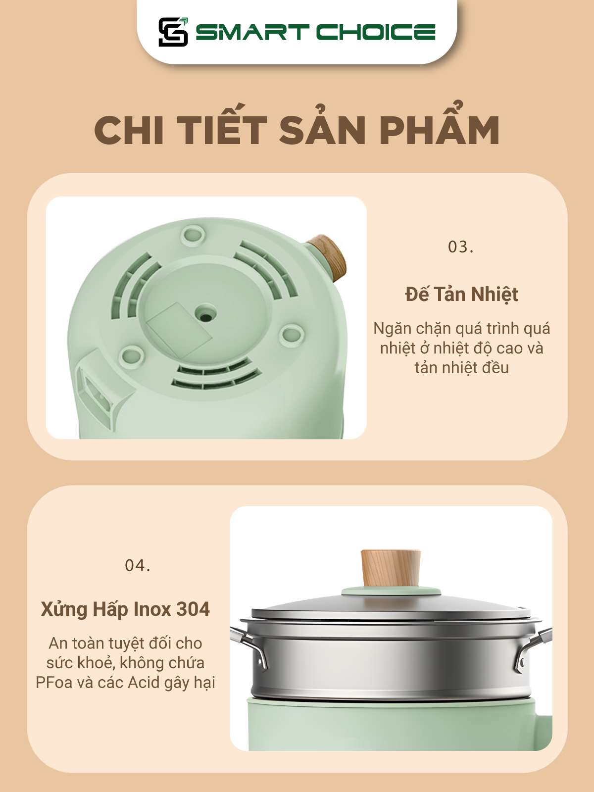 Nồi Lẩu Điện Mini SmartChoice Hàng chính hãng SCG-NDN001, Nồi Điện Đa Năng 1,5L 600W Kèm Xửng Hấp 3 Mức Nhiệt