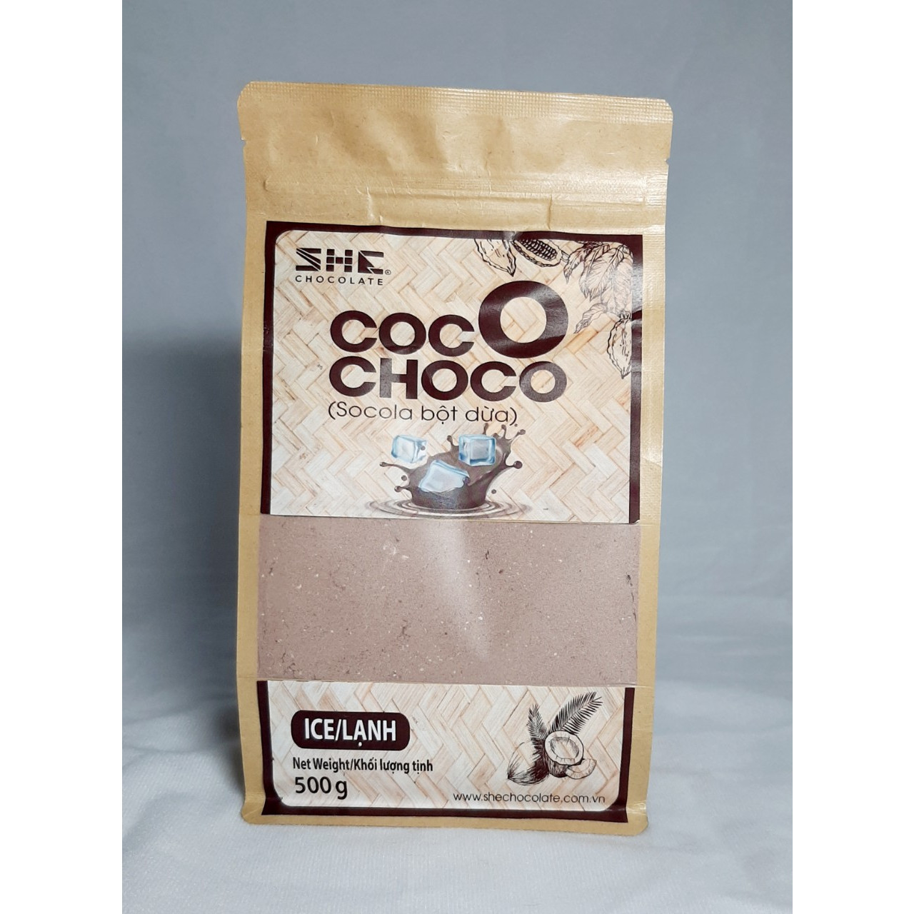 Socola bột Dừa lạnh - Túi 500g - SHE Chocolate. Pha uống tiện lợi, bổ sung năng lượng, tốt cho sức khỏe, đa dạng vị giác. Quà tặng sức khỏe, quà tặng người thân, dịp lễ