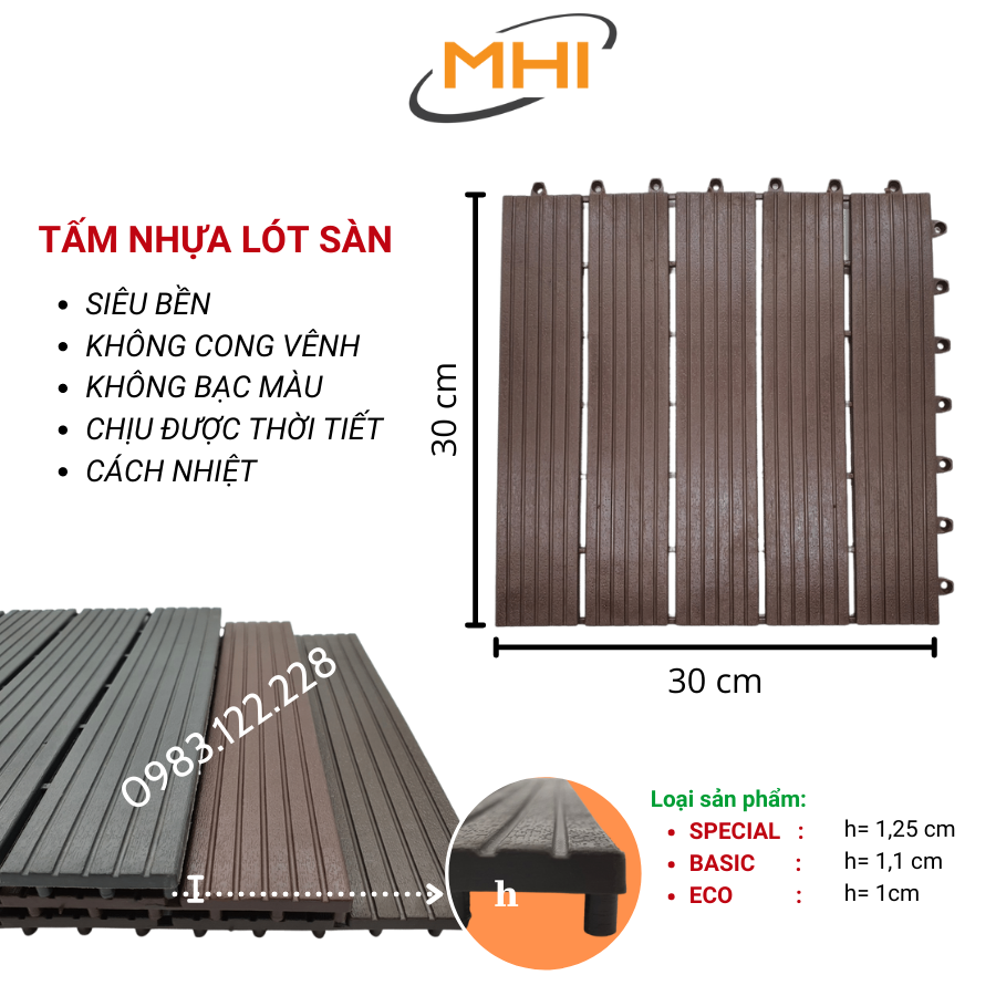 Thảm lát sàn uPVC cao cấp MHI-ECO, Tấm nhựa trải sàn trang trí ban công / sân vườn / sân thượng; lót sàn chống trơn trượt nhà tắm / bể bơi - Hàng Việt Nam chất lượng cao