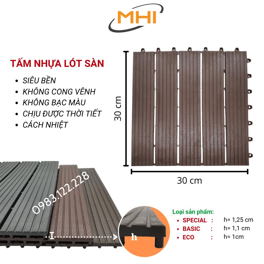 [COMBO 11] Thảm lát sàn uPVC cao cấp MHI-ECO, Tấm nhựa trải sàn trang trí ban công / sân vườn / sân thượng; lót sàn chống trơn trượt nhà tắm / bể bơi - Hàng Việt Nam chất lượng cao