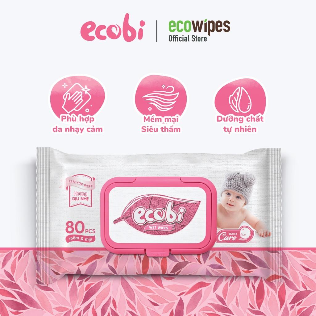 Thùng 24 gói khăn ướt cho bé Ecowipes Ecobi gói 80 tờ Hương dịu nhẹ không cồn không paraben an toàn cho trẻ sơ sinh