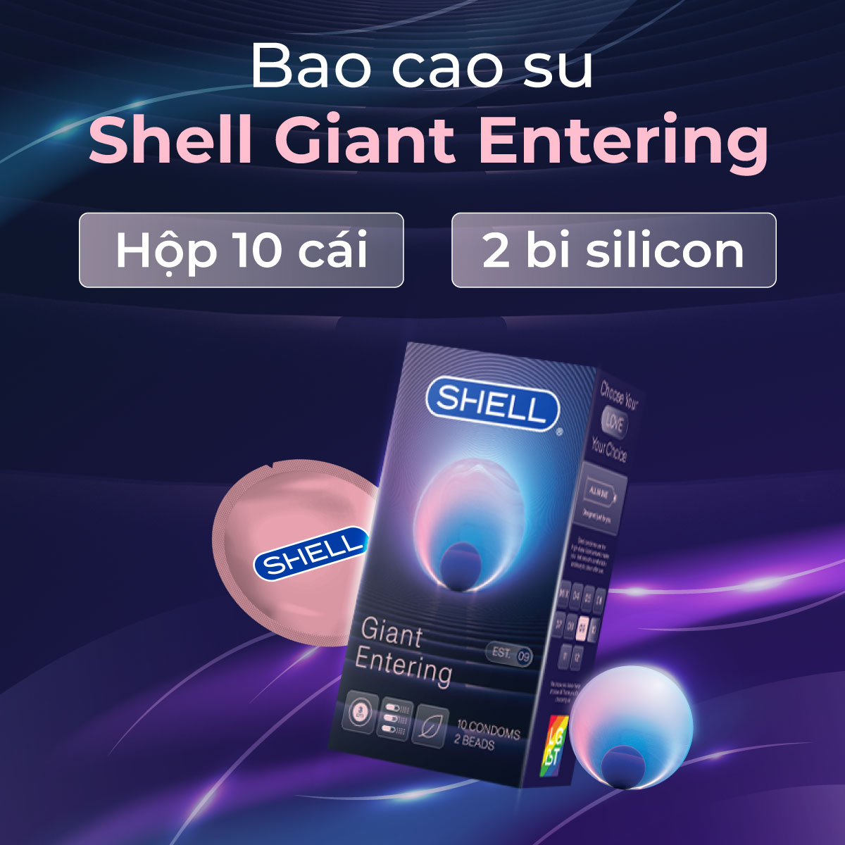 [Hộp 10 cái] Bao cao su Shell Giant Entering - Gân nổi, bi tăng 3cm