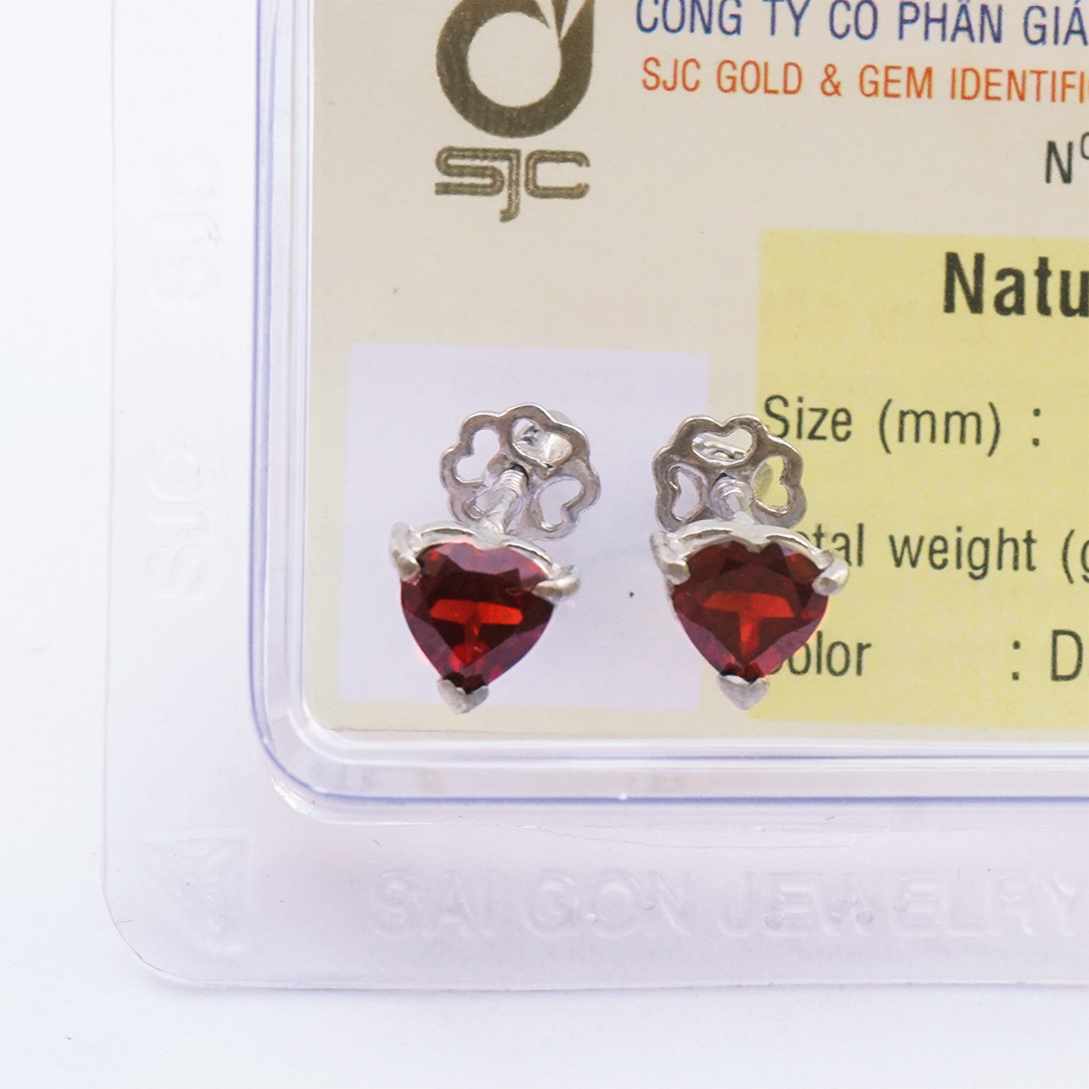 Bông tai đá Garnet thiên nhiên đỏ tự nhiên 5mm chuôi bạc trái tim kiểm định