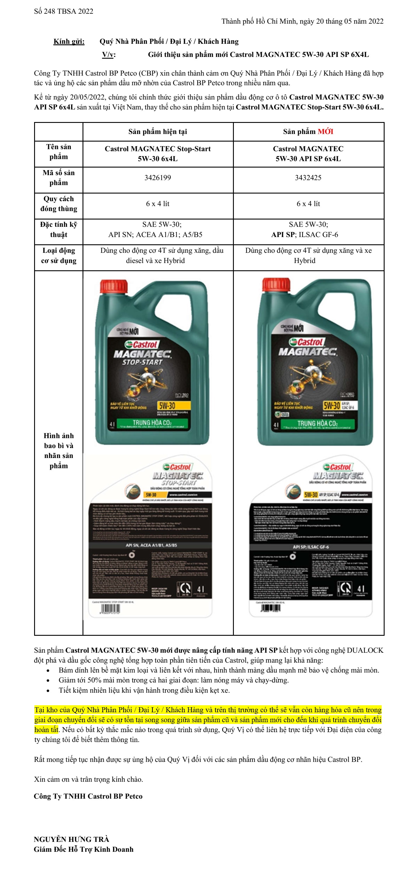 Dầu nhớt cho động cơ ô tô Castrol Magnatec, SAE 5W-30, SP,
