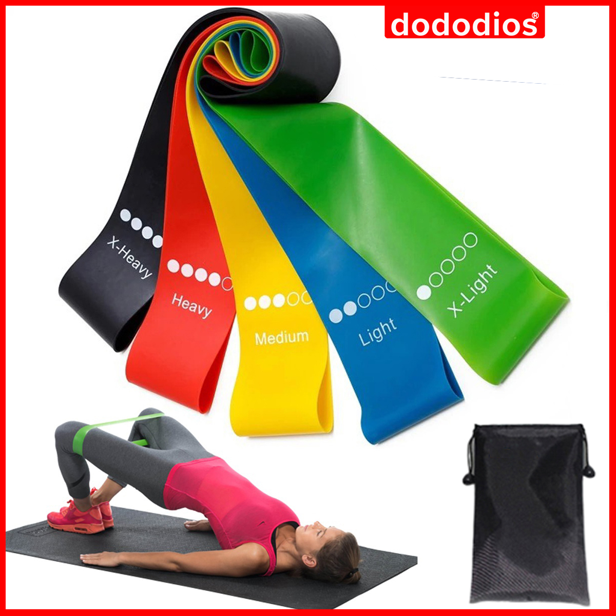 Bộ 5 Dây Đàn Hồi - 5 Dây Kháng Lực Tập Gym Tập Yoga Tập Thể Thao Cao Su Non Cao Cấp Chính Hãng dododios - Có Túi Đựng Cao Cấp Hướng Dẫn Sử Dụng, dây kháng lực tập bóng đá