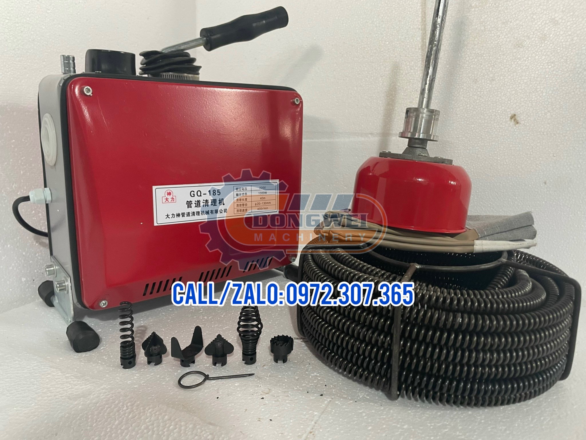 Máy thông tắc GQ185-1000W tặng kèm kèm cuộn dây đường kính 16mm dài 15m và 4,5 mét dây lò xo phi 8