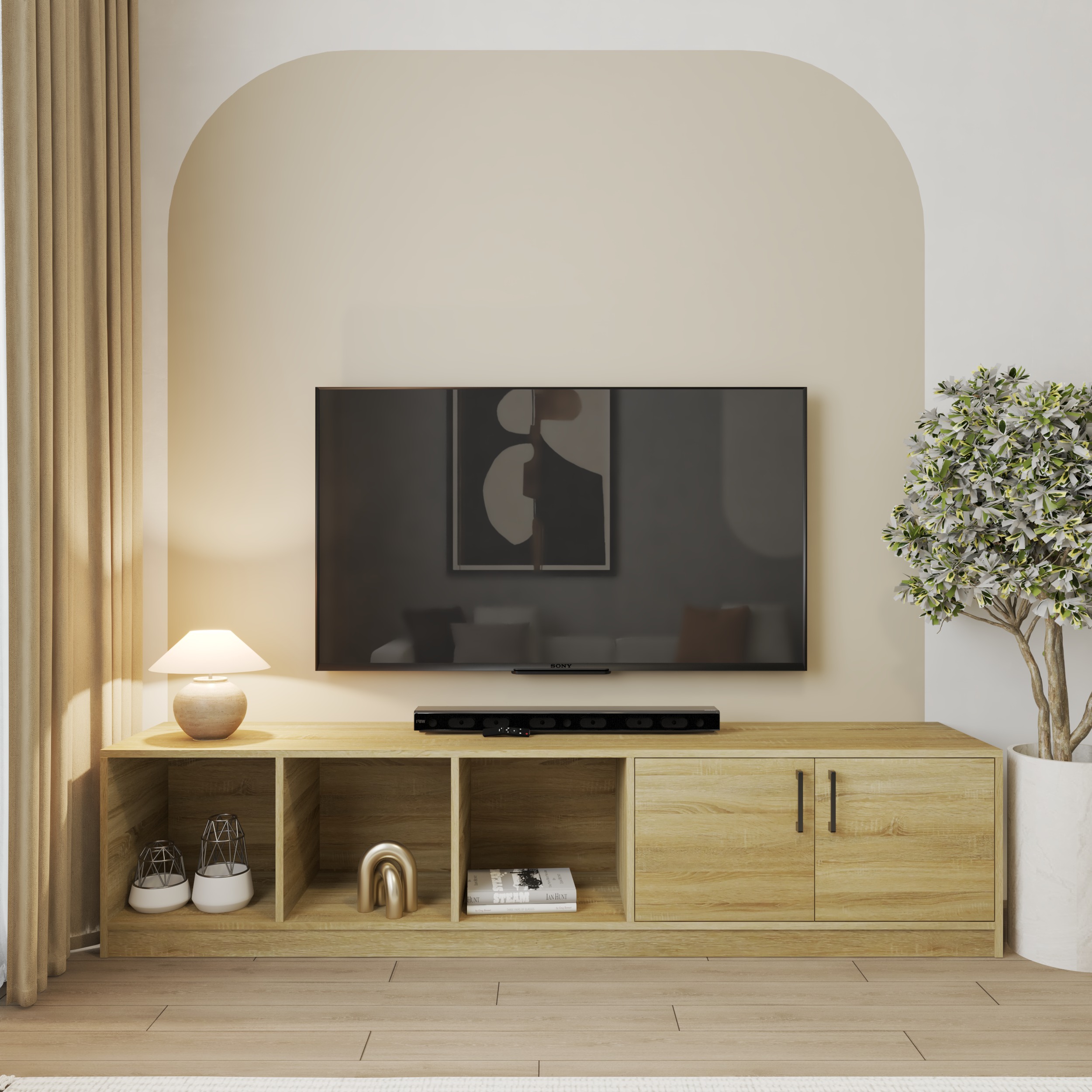 HAPPY FURNITURE , HEINEE - Kệ TV 2 cửa mở, KTV_069 , 200cm x 40cm x 46cm DxRxC, sản phẩm phổ thông