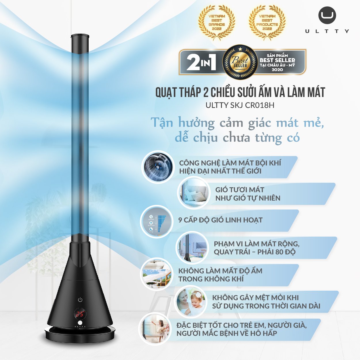Quạt Làm Mát Và Sưởi Ấm ULTTY SKJ-CR018H, Chất Liệu Sưởi Gốm Ceramic Không Đốt Cháy Oxy, Không Khô Da, Tự Động Tắt Khi Quá Nhiệt - Màu Đen - Hàng Chính Hãng