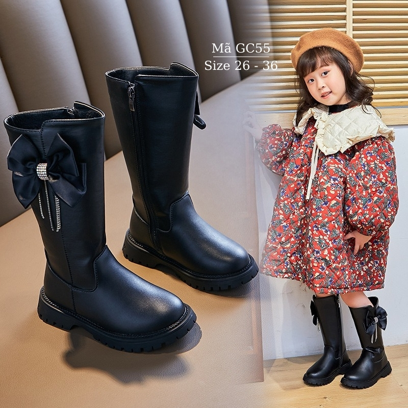 Bốt/Boot bé gái cổ cao da mềm lót lông ấm áp cho trẻ em 3 đến 12 tuổi màu trắng đen thời trang năng động và cá tính GC55