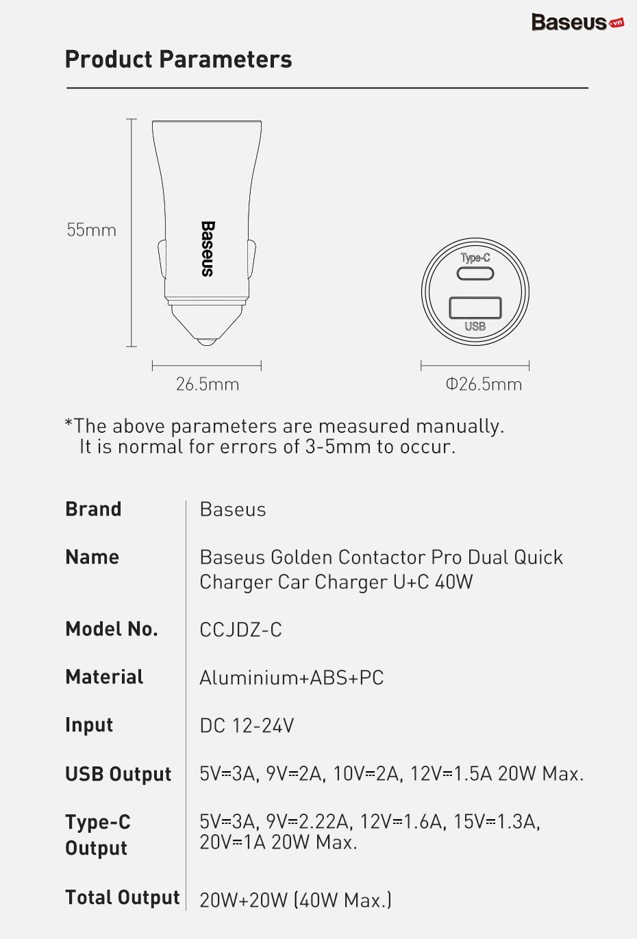 Tẩu sạc Baseus Golden Contactor Pro nhanh, công suất 40W dùng cho xe hơi- Hàng chính hãng