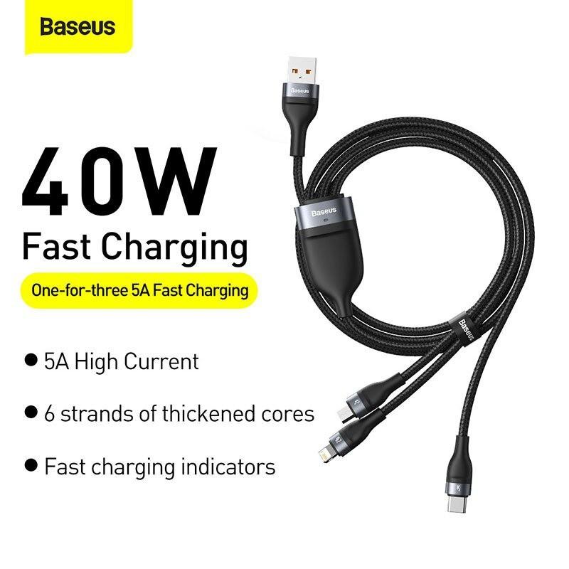 Hình ảnh Cáp sạc nhanh 3 đầu Baseus Flash Series 3 in 1 (USB to Type C/ Micro, 5A/40W Quick Charging & Data Cable) -Hàng Chính Hãng